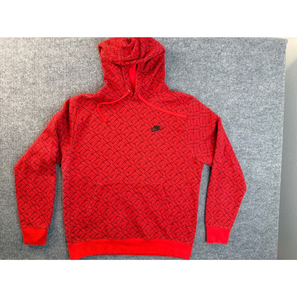 Nike Mens Size M Red All Over Logo Print Fleece Hoodie Sweatshirt Pullover